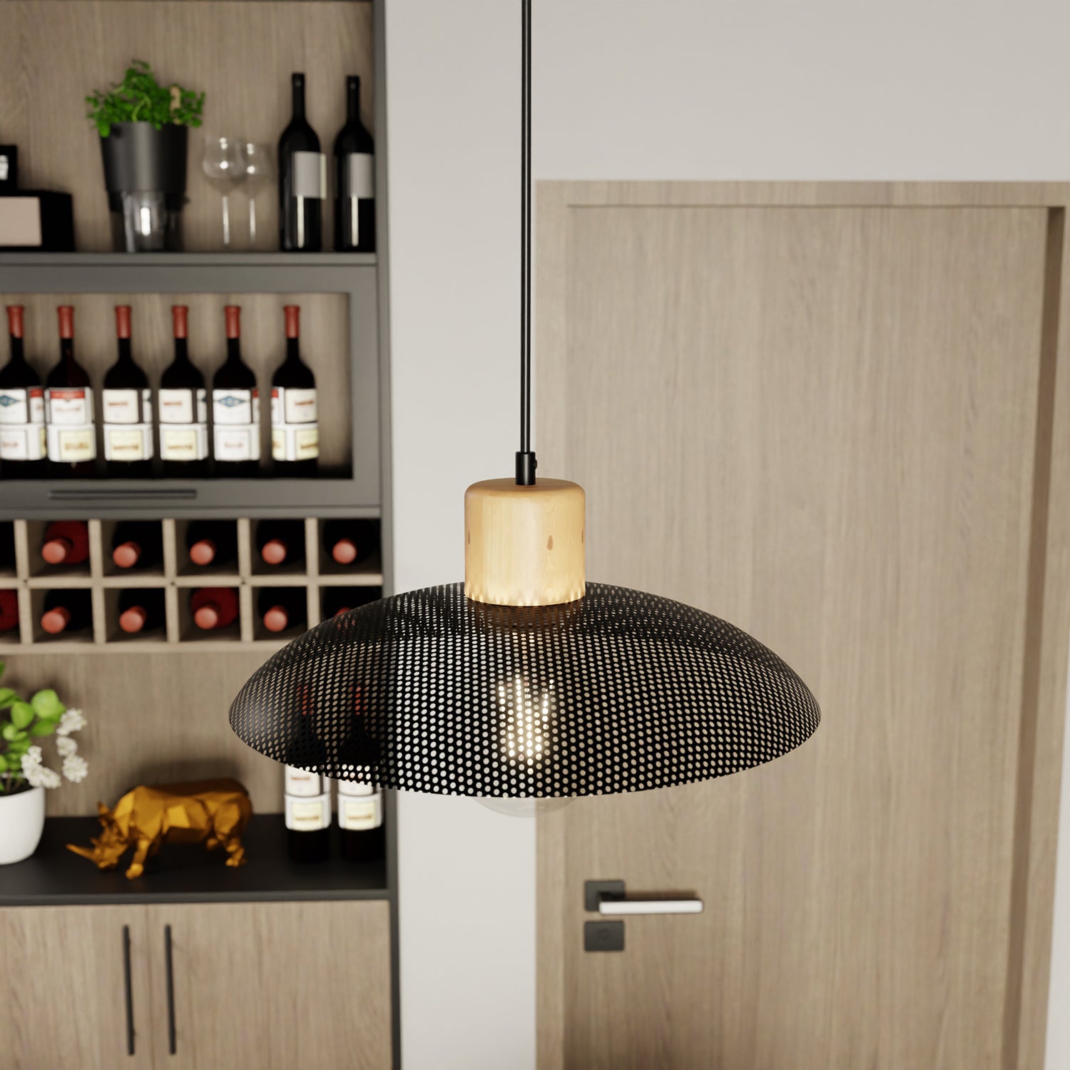 Sospensione Nordica Ishtar 1 Luce In Legno E Acciaio Nero