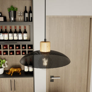 Sospensione Nordica Ishtar 1 Luce In Legno E Acciaio Nero