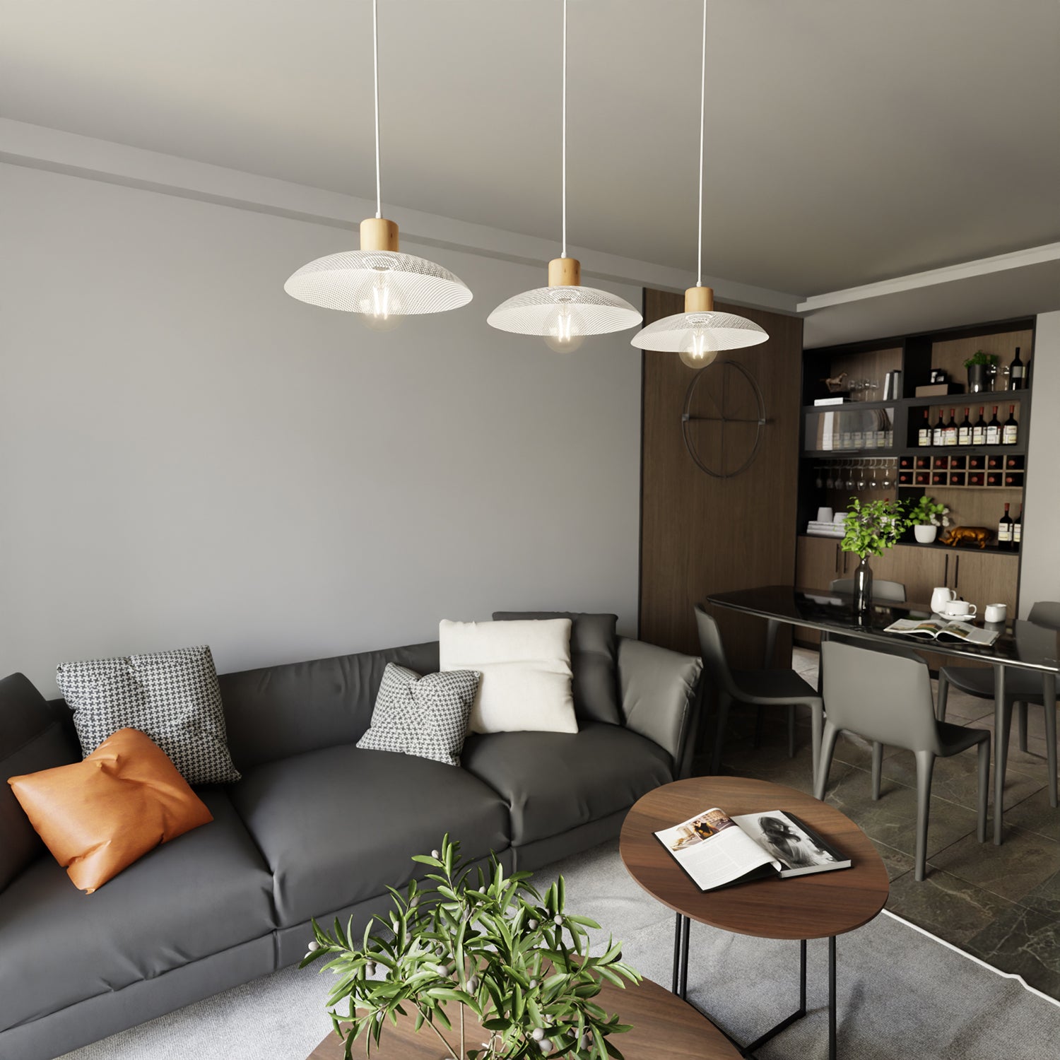 Sospensione Nordica Ishtar 3 Luci In Legno E Acciaio Bianco