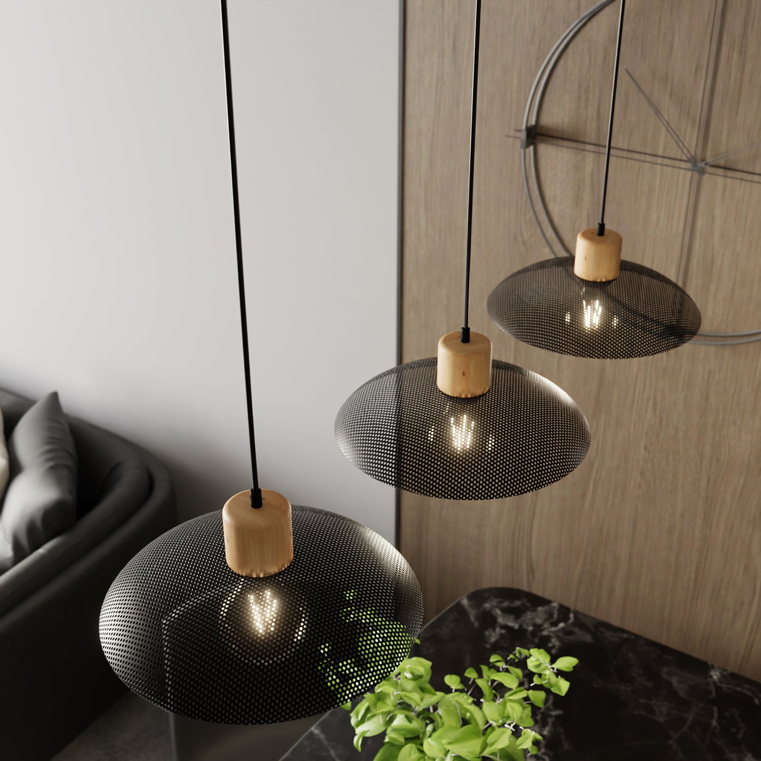 Sospensione Nordica Ishtar 3 Luci In Legno E Acciaio Nero