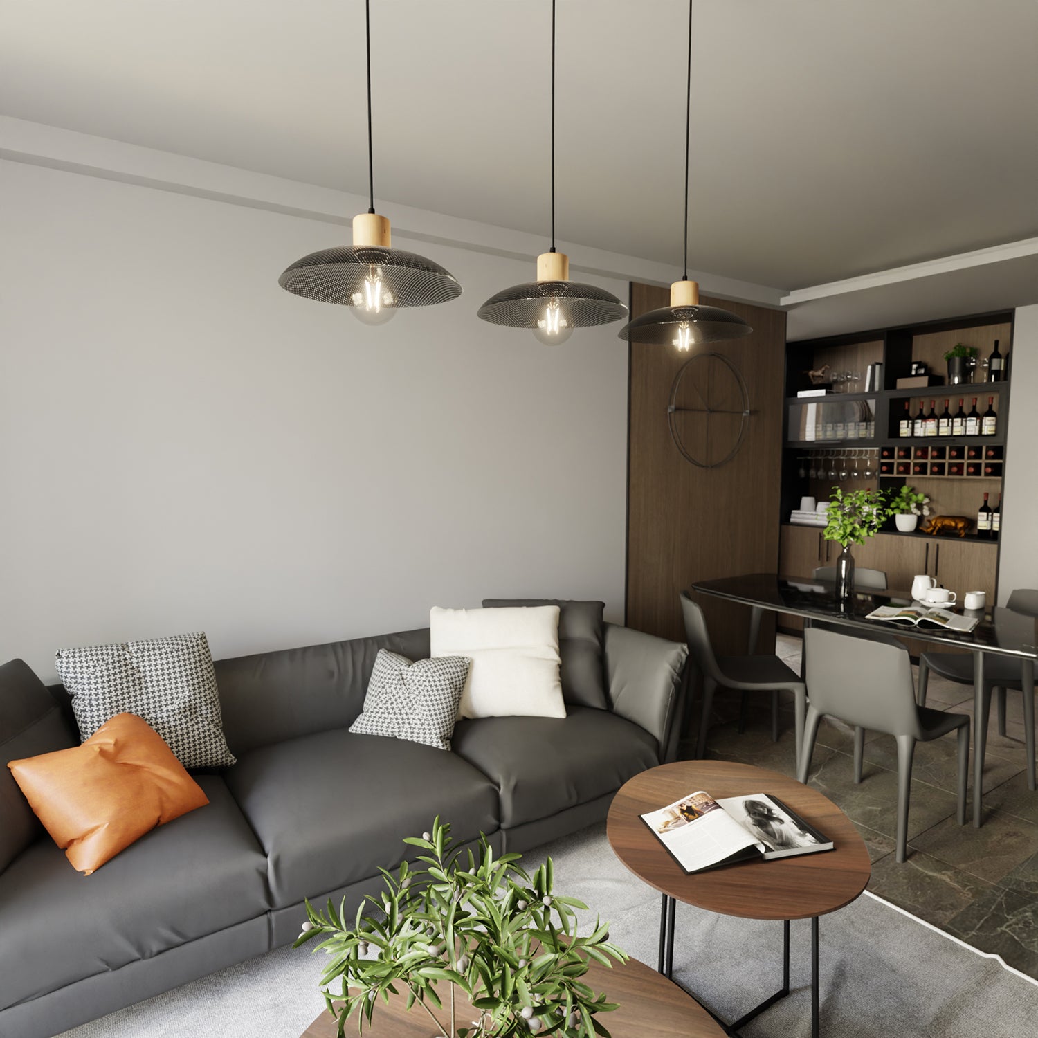 Sospensione Nordica Ishtar 3 Luci In Legno E Acciaio Nero