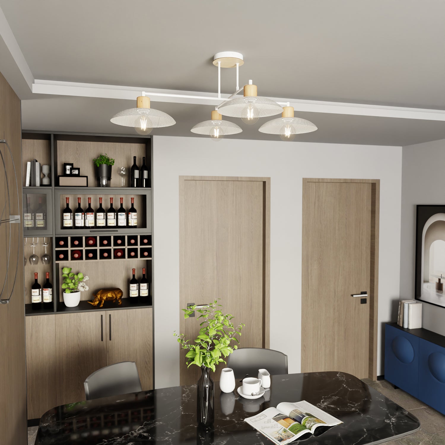 Lampadario Minimal Ishtar Acciaio Bianco 4 Luci E27 Ip20