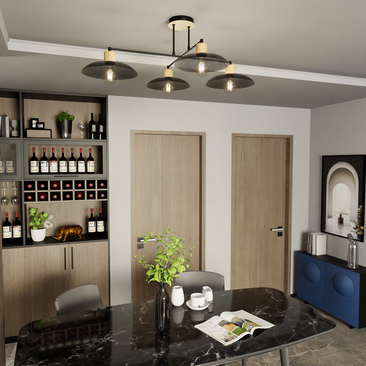 Lampadario Minimal Ishtar Acciaio Nero 4 Luci E27 Ip20