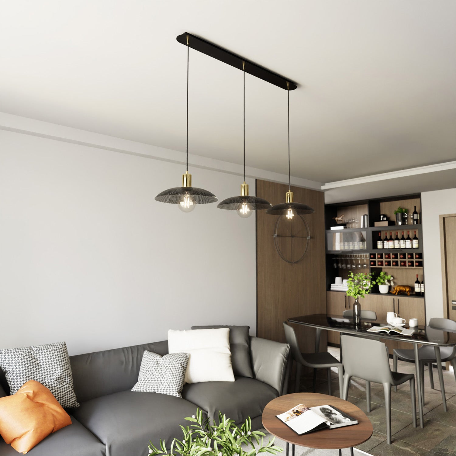 Sospensione Contemporanea Enki 3 Luci In Acciaio Oro E Nero