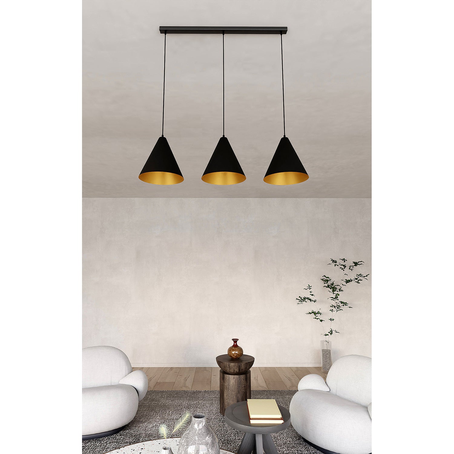 Sospensione Nordica Ninhursag 3 Luci In Acciaio Nero E Oro