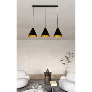 Sospensione Nordica Ninhursag 3 Luci In Acciaio Nero E Oro