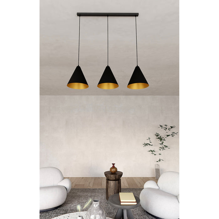 Sospensione Nordica Ninhursag 3 Luci In Acciaio Nero E Oro