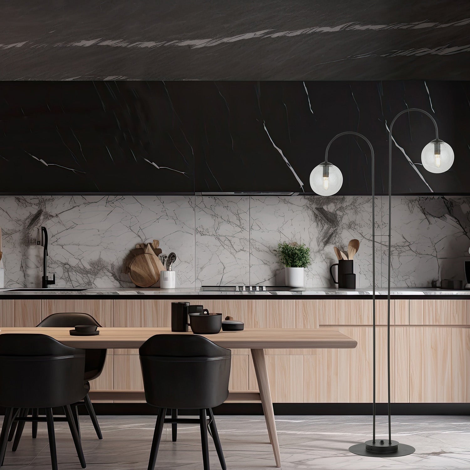 Lampadario Minimal Utu Acciaio Nero Trasparente 2 Luci E14 Ip20