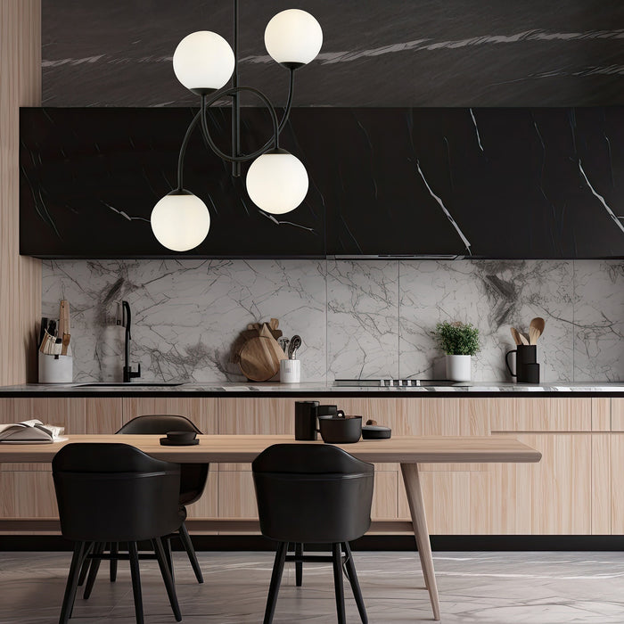 Plafoniera Moderna Utu 4 Luci In Acciaio Nero E Vetro Bianco