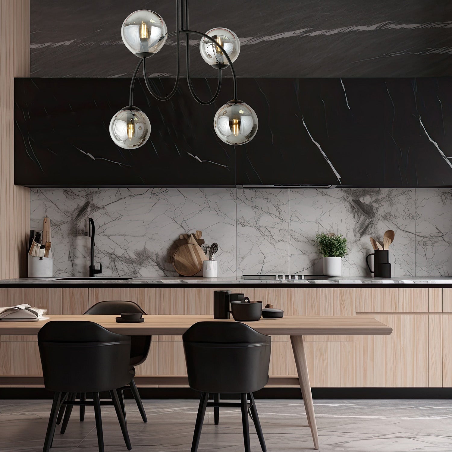 Plafoniera Moderna Utu 4 Luci In Acciaio Nero E Vetro Fumè 50 Cm