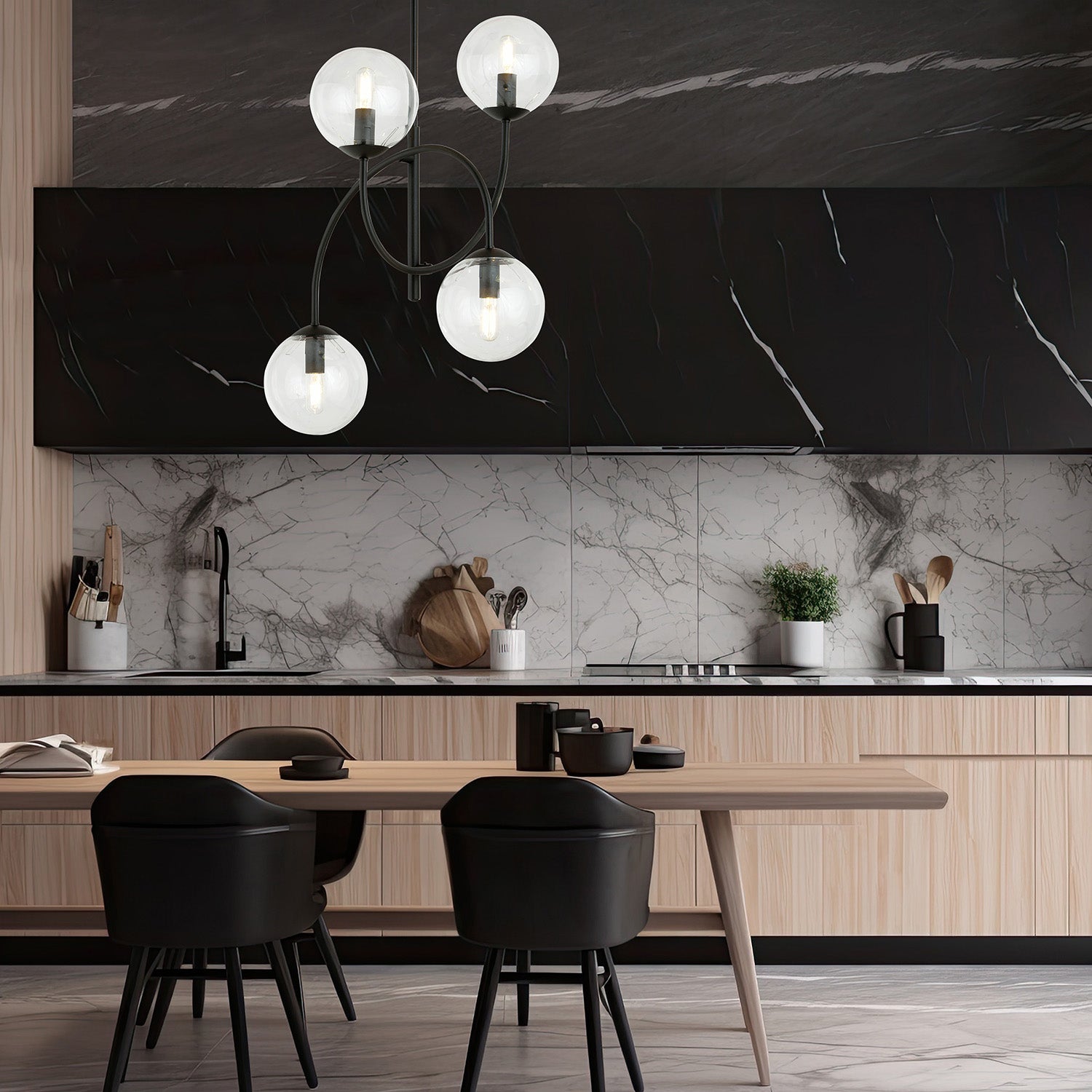 Plafoniera Moderna Utu 4 Luci In Acciaio Nero E Vetro Trasparente