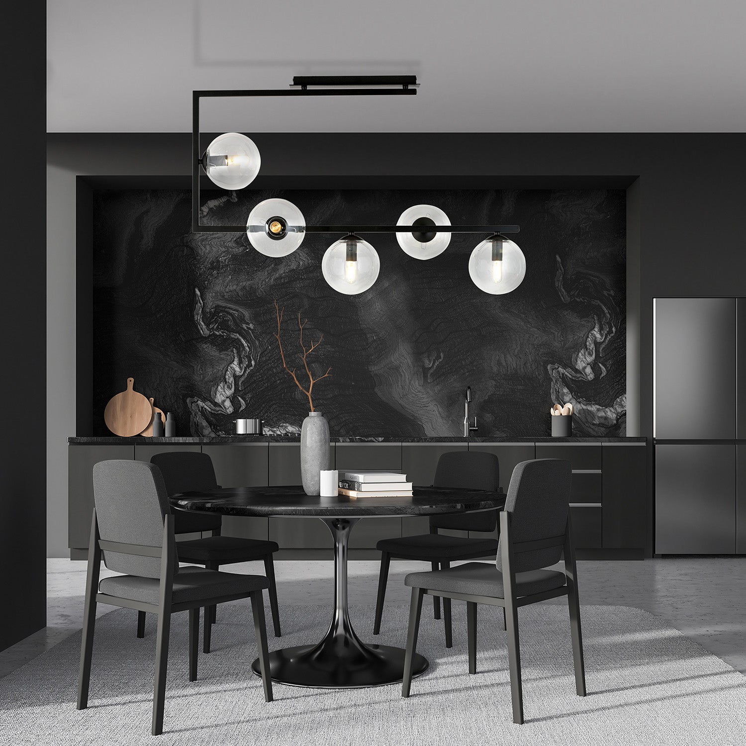 Plafoniera Minimal Nanna Acciaio Nero Trasparente 5 Luci E14 Ip20