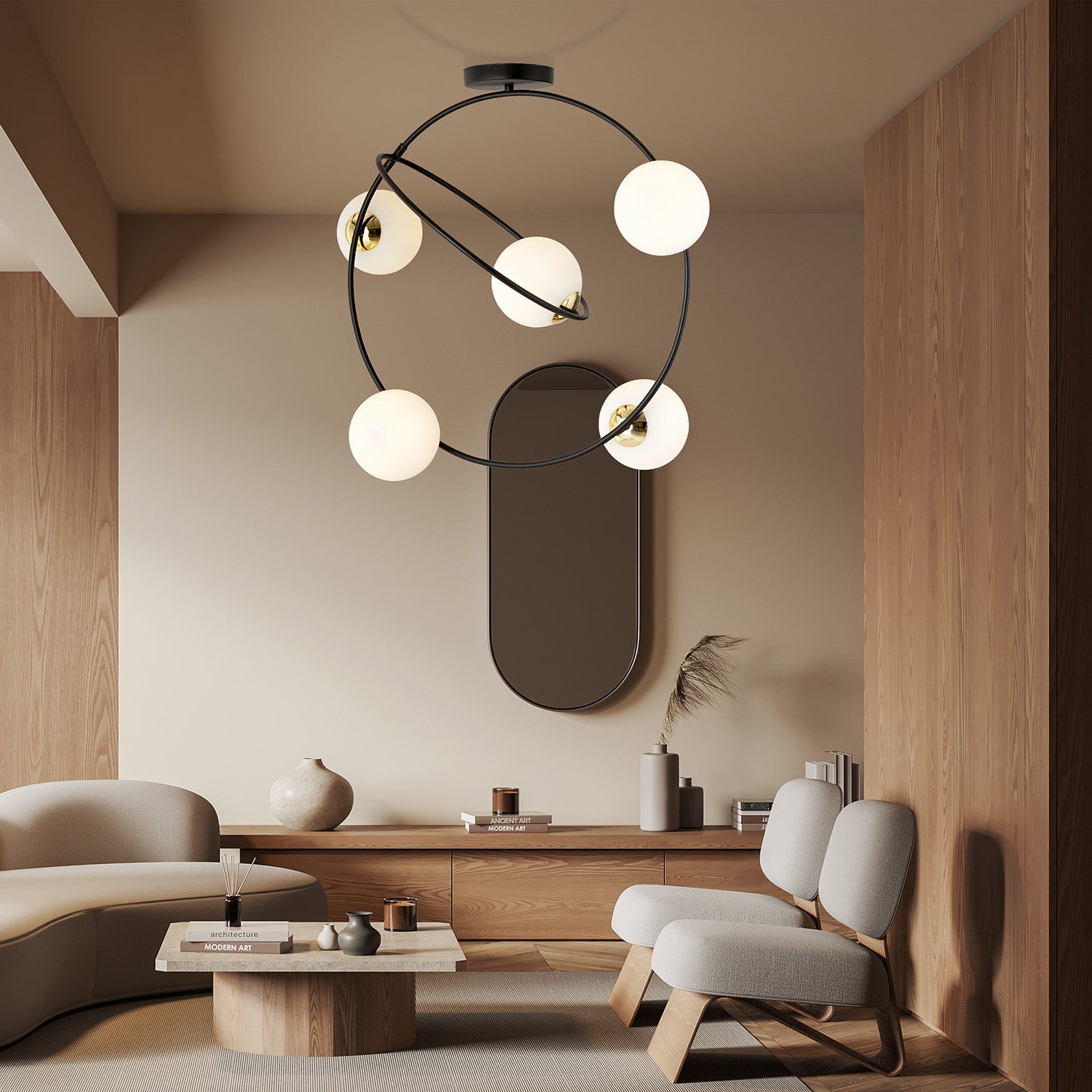 Lampadario Minimal Inanna Acciaio Nero Oro 5 Luci E14 Ip20