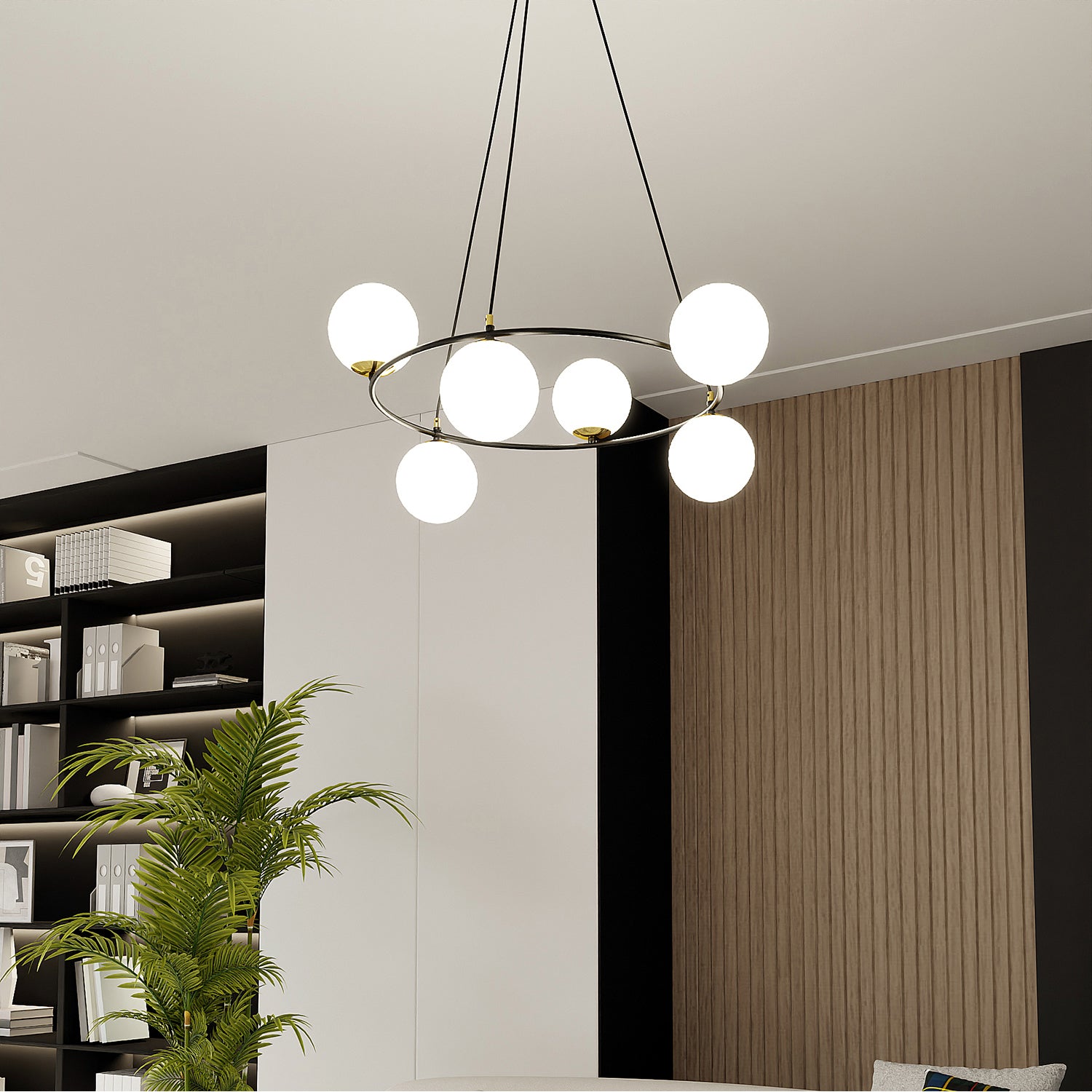 Lampadario Minimal Tiamat Acciaio Nero Oro 6 Luci E14 Ip20