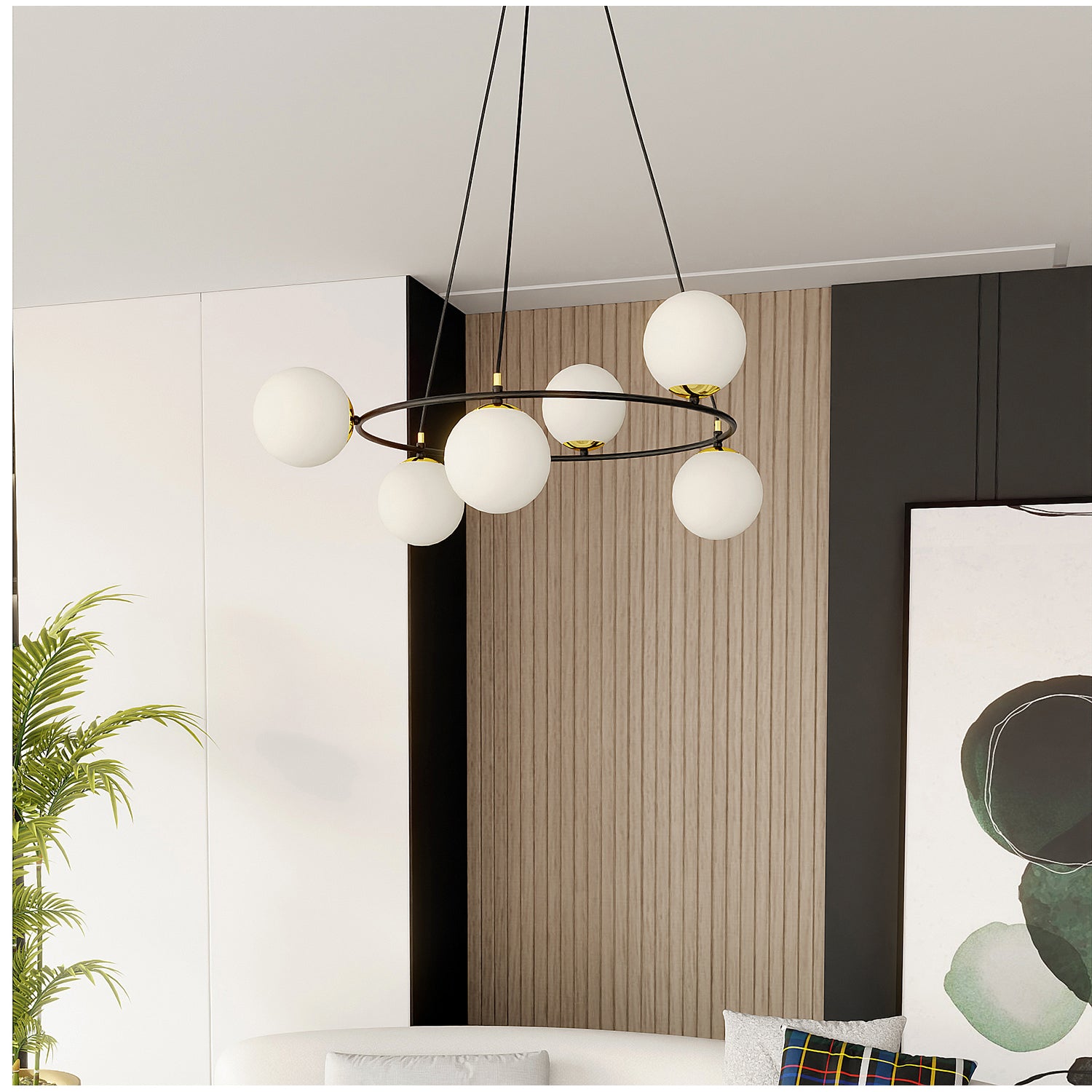 Lampadario Minimal Tiamat Acciaio Nero Oro 6 Luci E14 Ip20