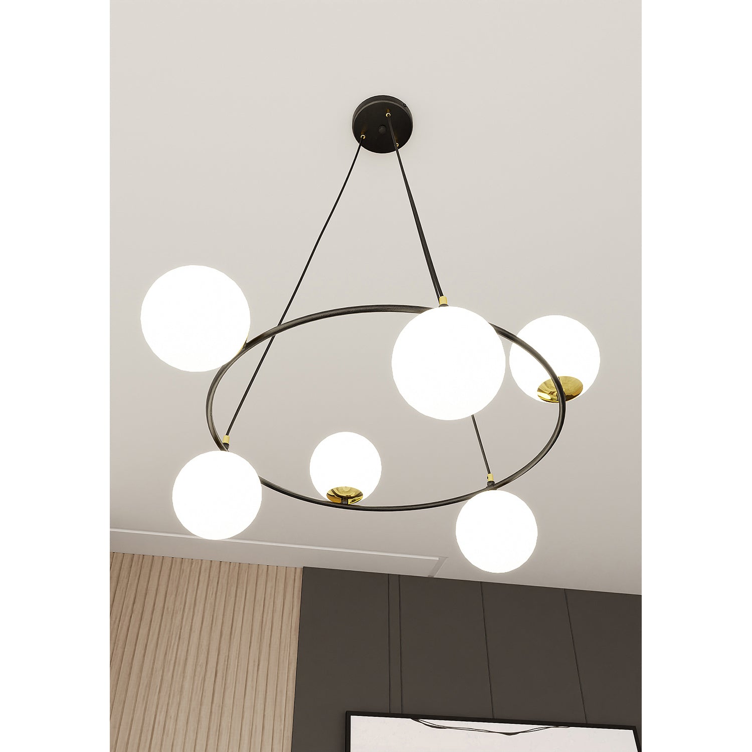 Lampadario Minimal Tiamat Acciaio Nero Oro 6 Luci E14 Ip20