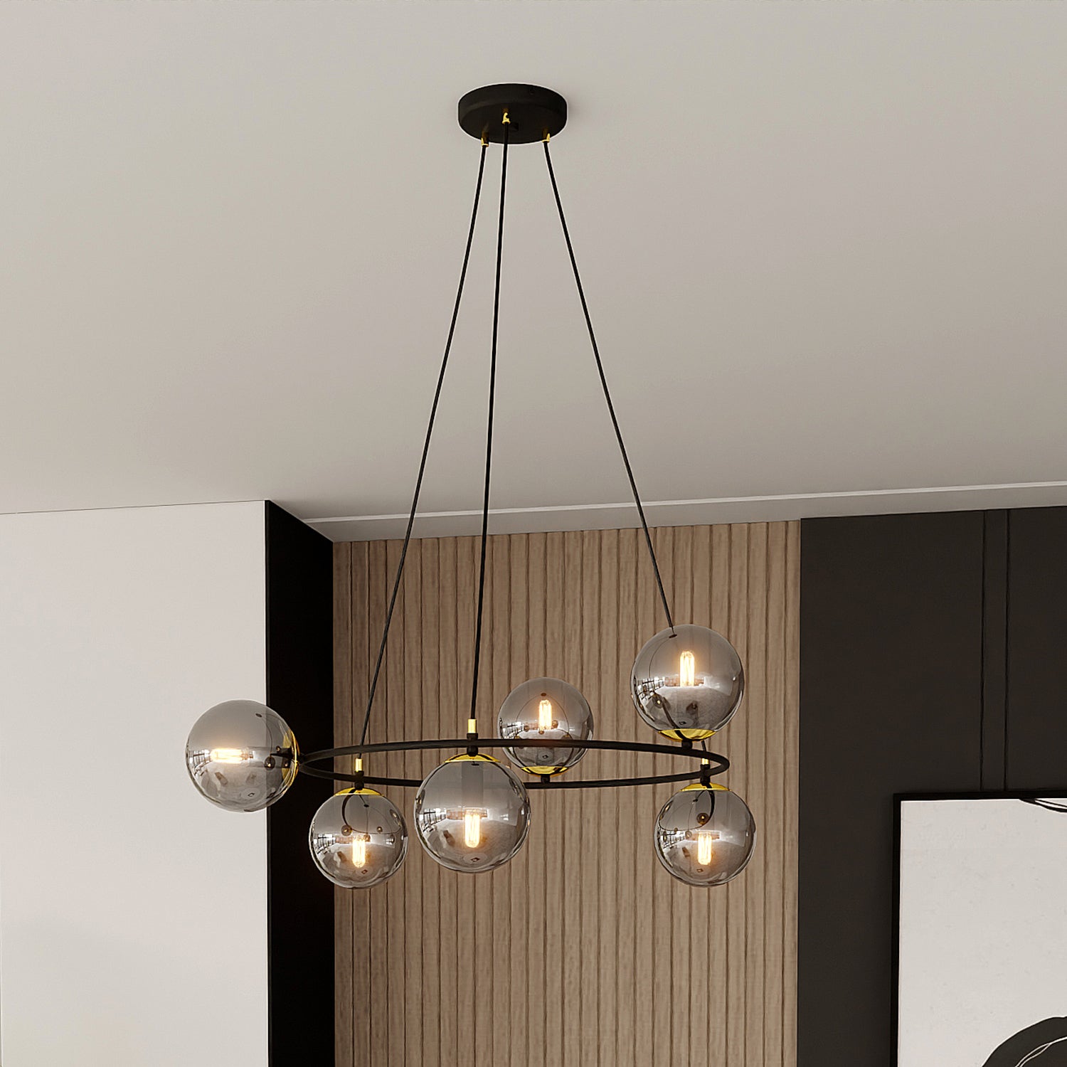 Lampadario Minimal Tiamat Acciaio Nero Oro Grigio 6 Luci E14 Ip20
