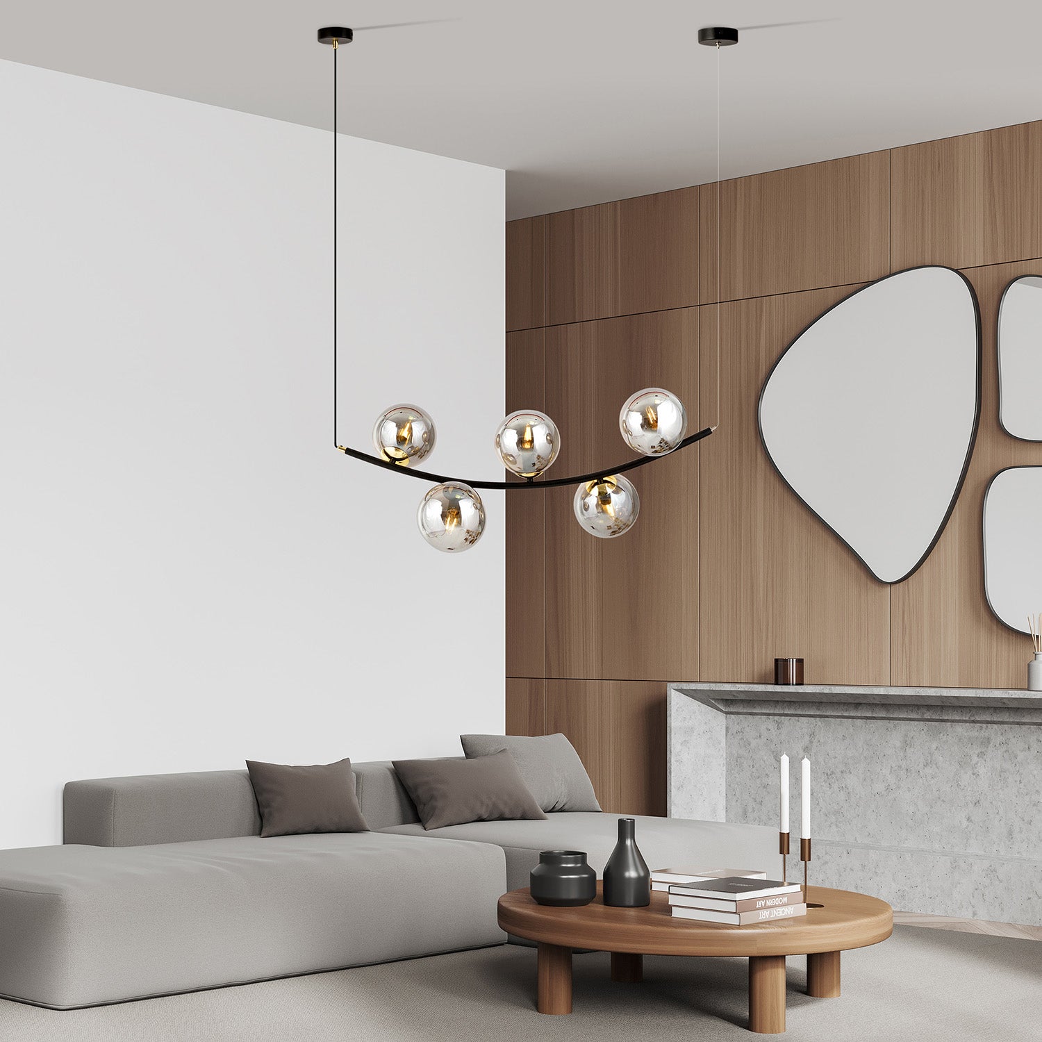 Sospensione Contemporanea Anu 5 Luci In Acciaio Nero E Vetro Fumè