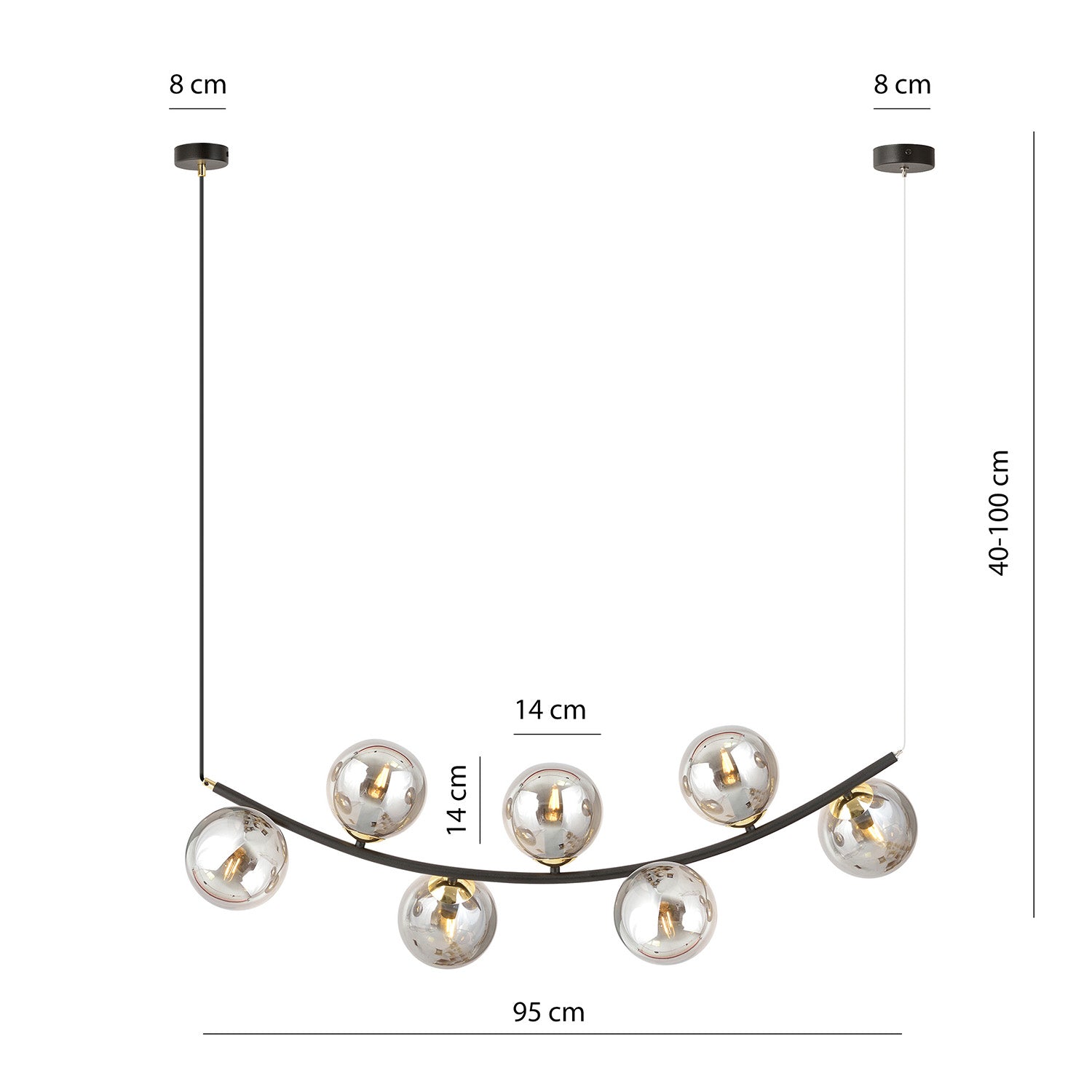 Sospensione Contemporanea Anu 7 Luci In Acciaio Nero E Vetro Fumè
