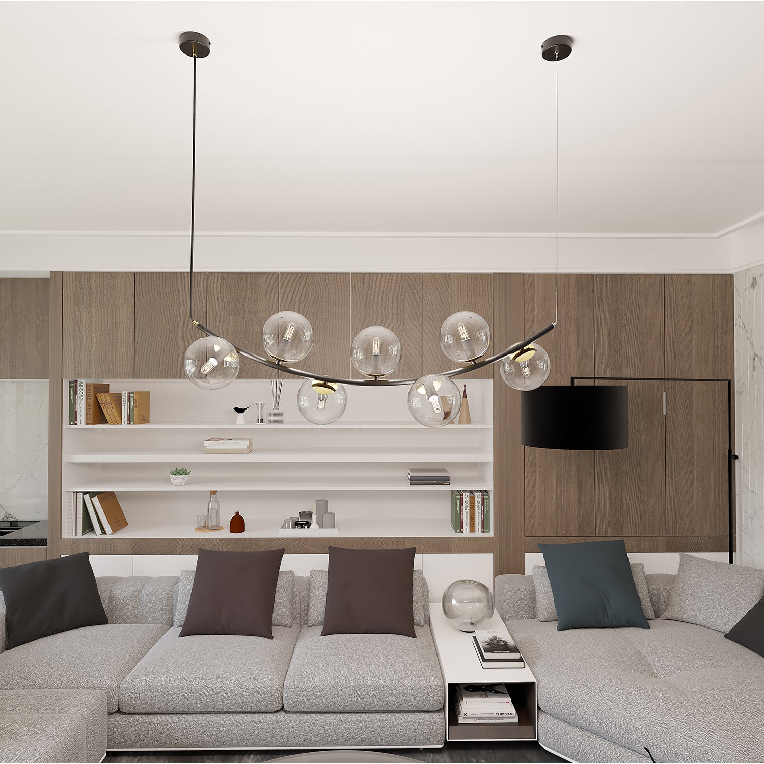 Sospensione Contemporanea Anu 7 Luci In Acciaio Nero E Vetro Trasparente