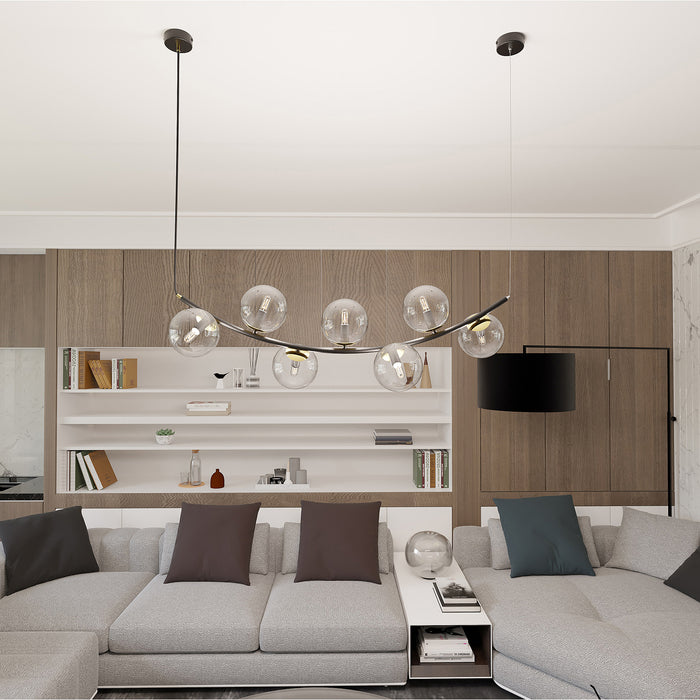 Sospensione Contemporanea Anu 7 Luci In Acciaio Nero E Vetro Trasparente