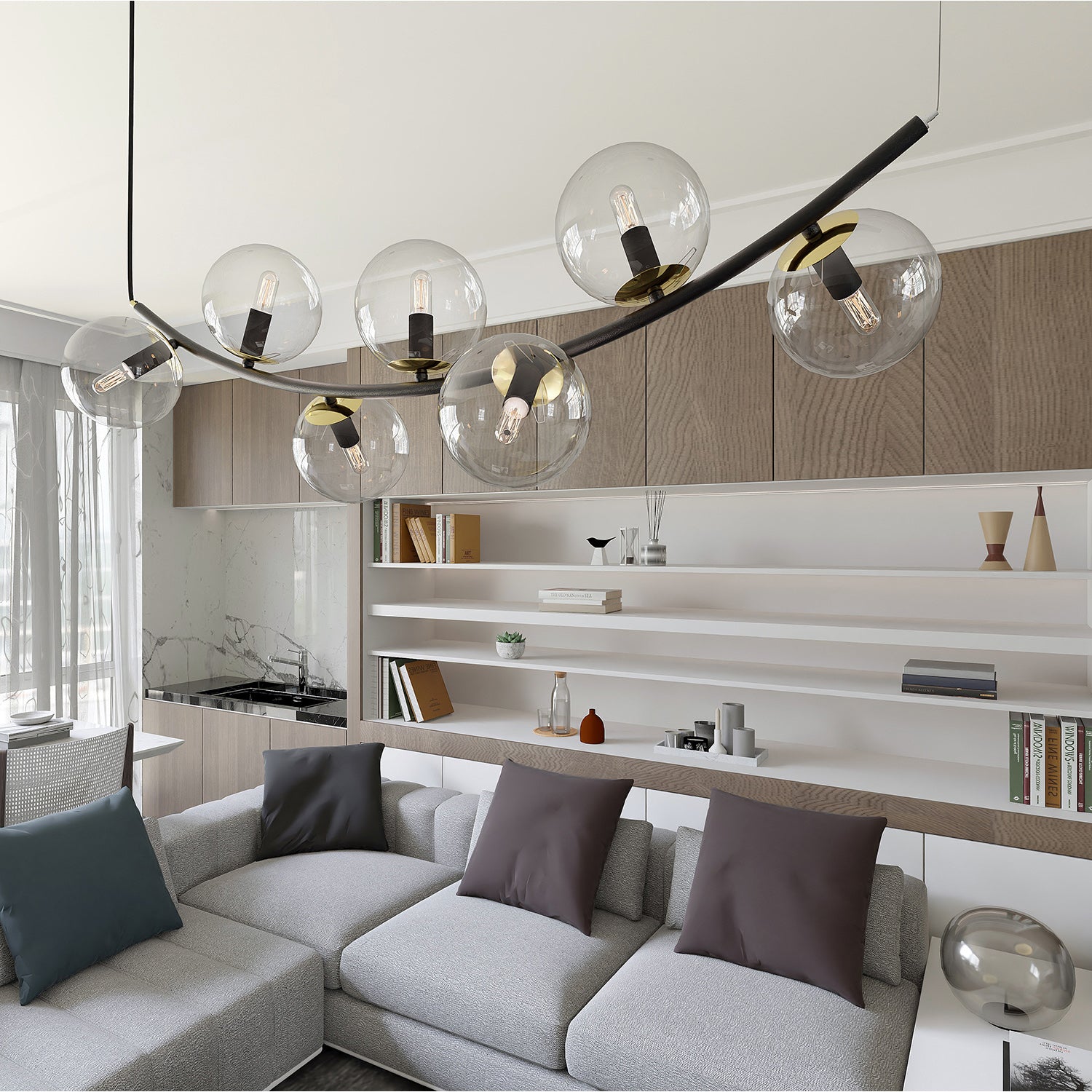 Sospensione Contemporanea Anu 7 Luci In Acciaio Nero E Vetro Trasparente