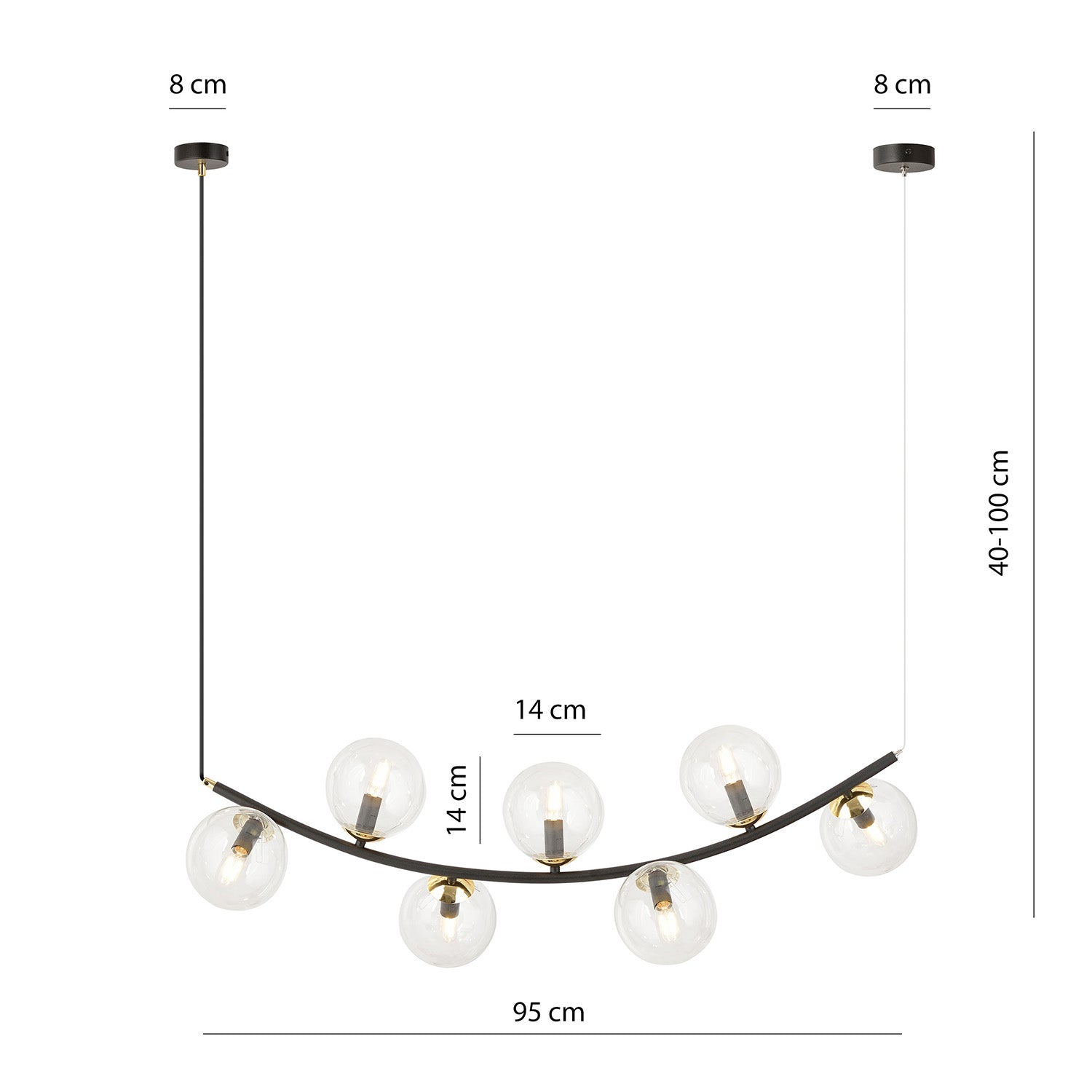 Sospensione Contemporanea Anu 7 Luci In Acciaio Nero E Vetro Trasparente