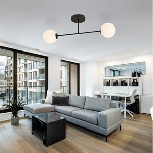 Plafoniera Moderna Morrigan 2 Luci In Acciao Nero E Sfere In Vetro Bianco