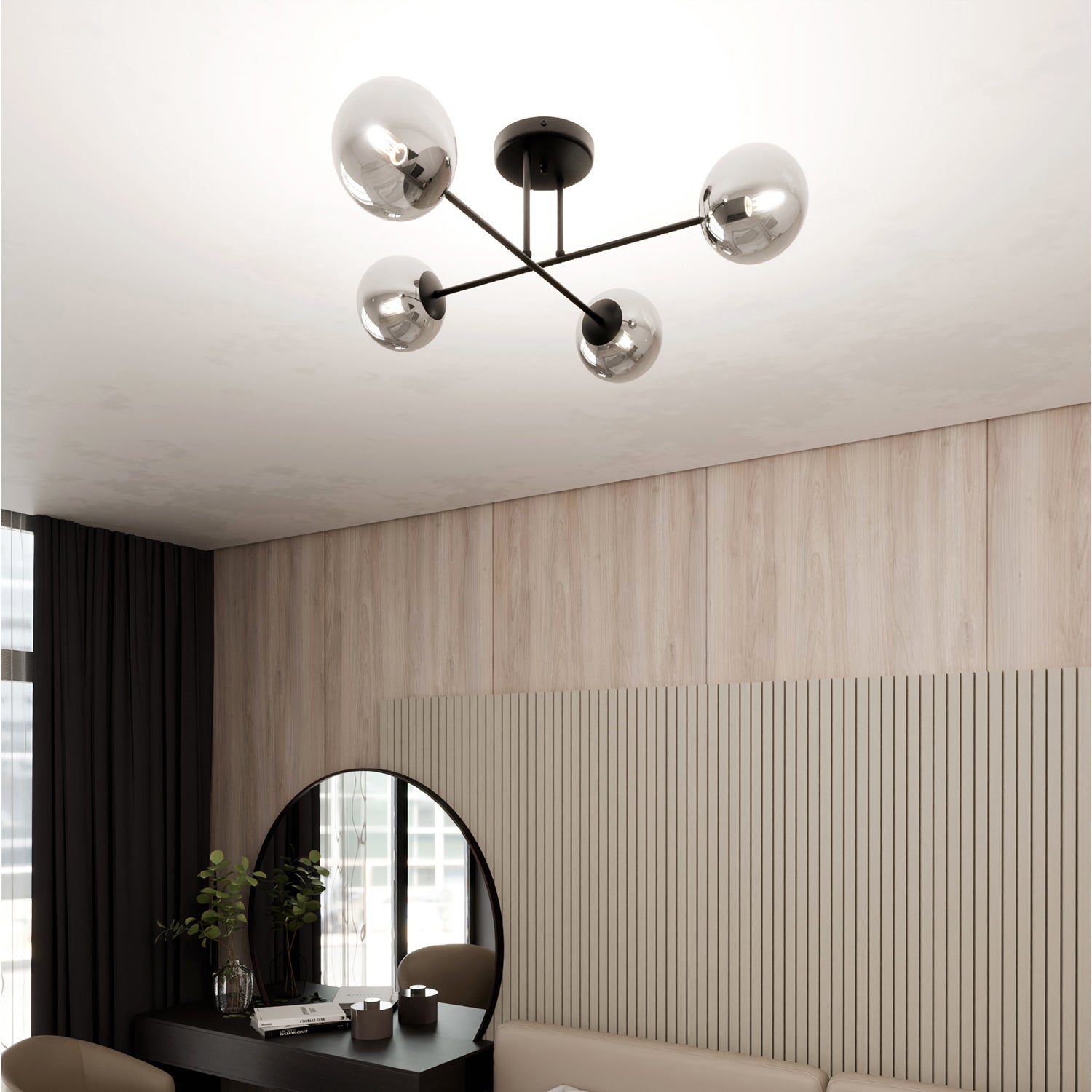 Plafoniera Moderna Morrigan 4 Luci In Acciao Nero E Sfere In Vetro Fumè