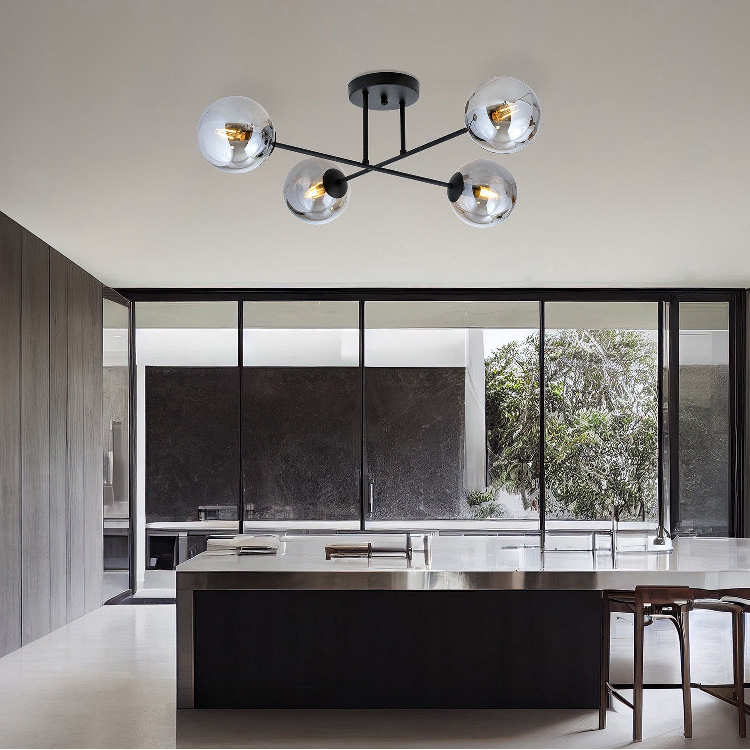 Plafoniera Moderna Morrigan 4 Luci In Acciao Nero E Sfere In Vetro Fumè