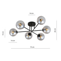 Plafoniera Moderna Morrigan 6 Luci In Acciao Nero E Sfere In Vetro Fumè