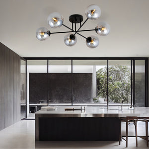Plafoniera Moderna Morrigan 6 Luci In Acciao Nero E Sfere In Vetro Fumè