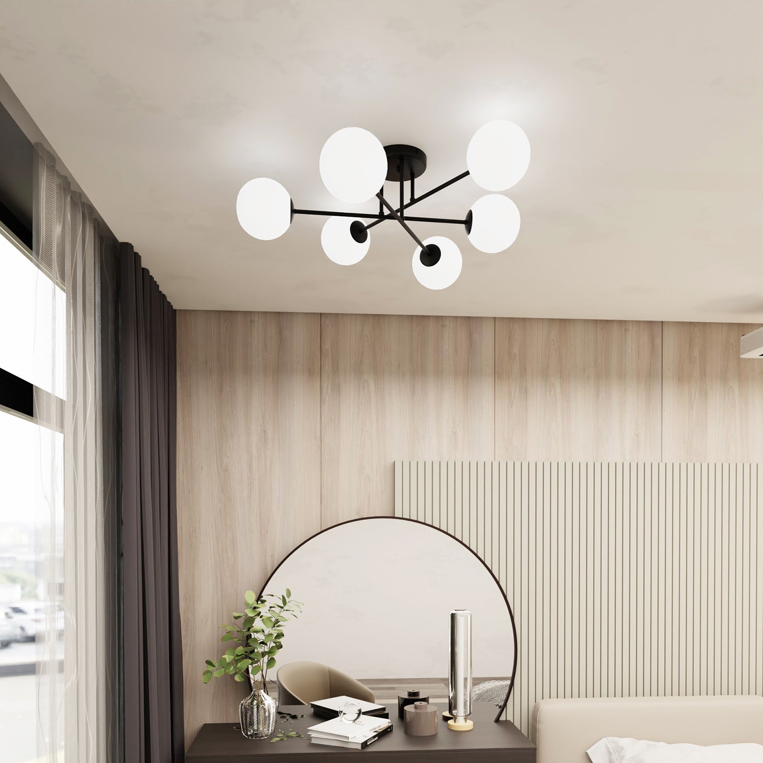 Plafoniera Moderna Morrigan 6 Luci In Acciao Nero E Sfere In Vetro Bianco