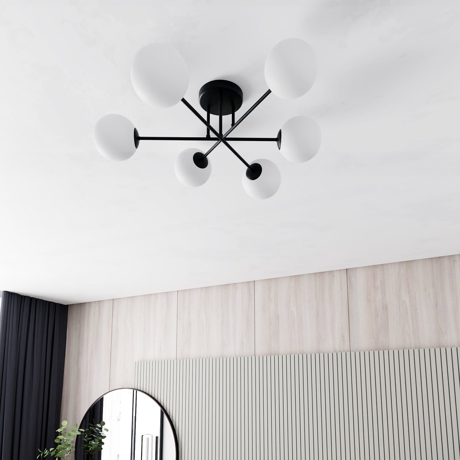 Plafoniera Moderna Morrigan 6 Luci In Acciao Nero E Sfere In Vetro Bianco