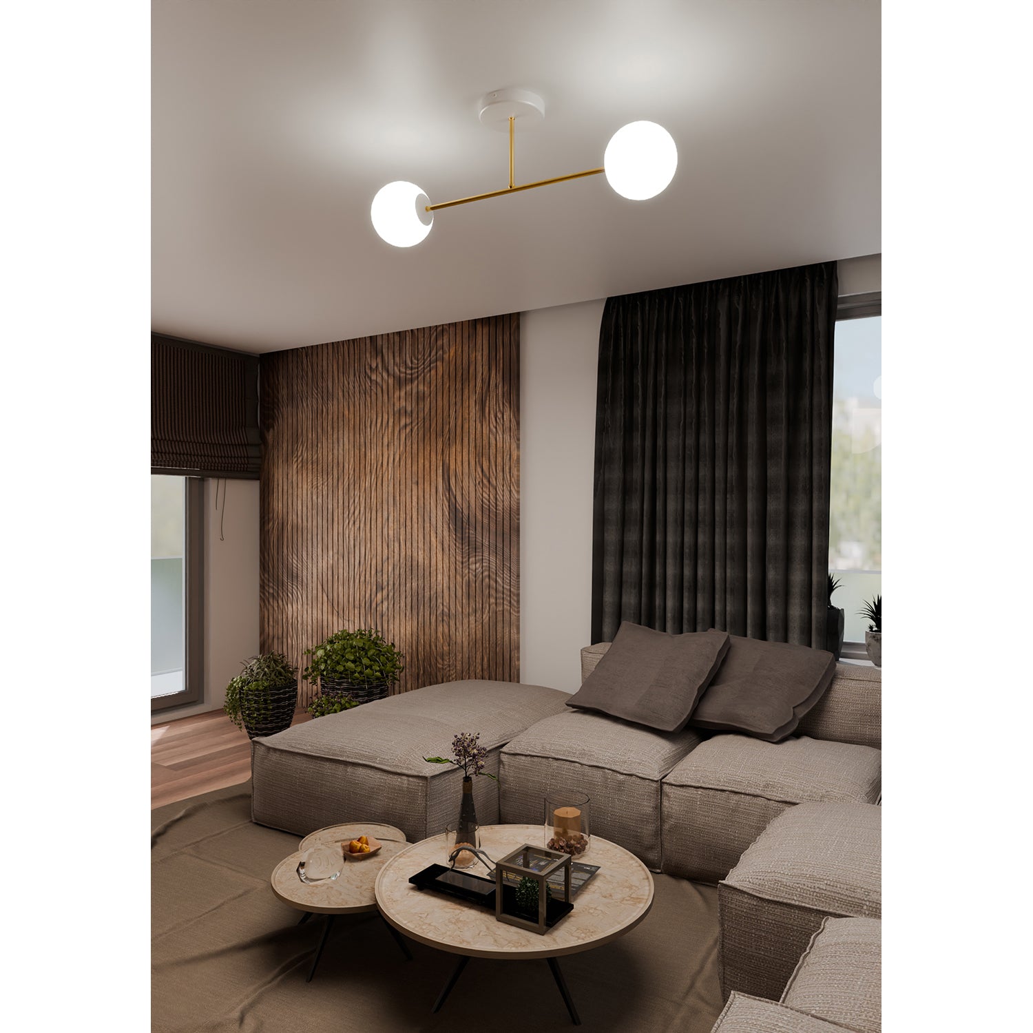 Plafoniera Moderna Magnium 2 Luci In Acciao Oro E Sfere In Vetro Bianco