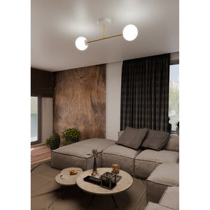 Plafoniera Moderna Magnium 2 Luci In Acciao Oro E Sfere In Vetro Bianco