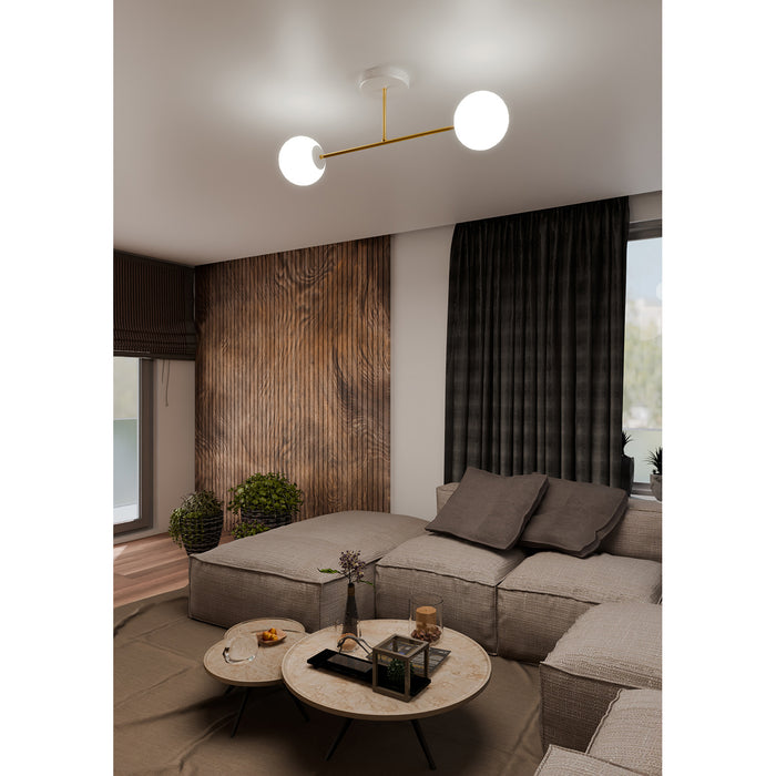 Plafoniera Moderna Magnium 2 Luci In Acciao Oro E Sfere In Vetro Bianco