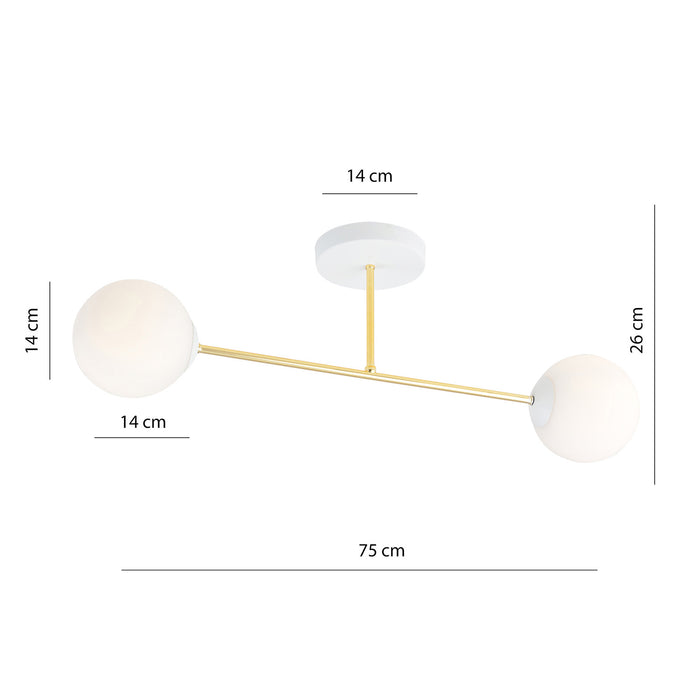 Plafoniera Moderna Magnium 2 Luci In Acciao Oro E Sfere In Vetro Bianco