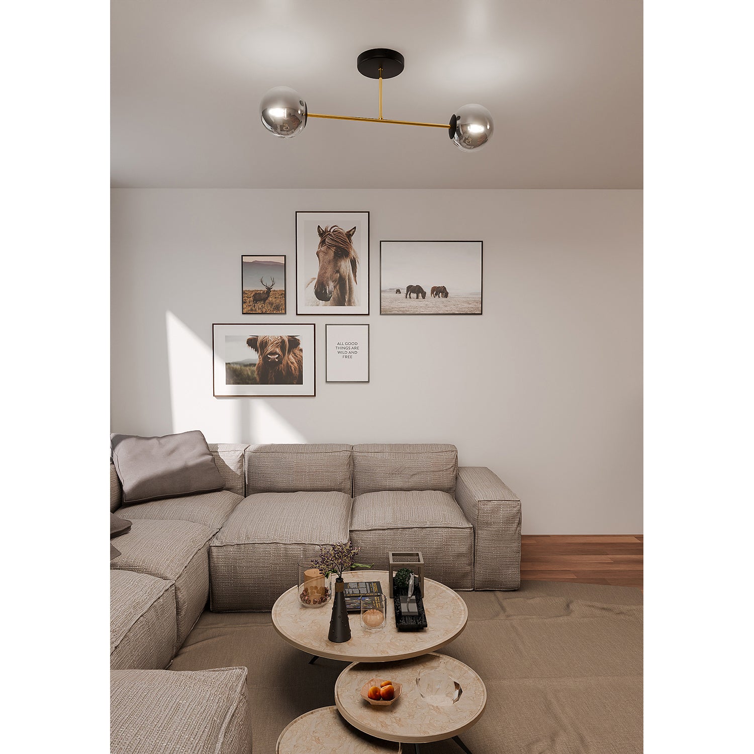 Plafoniera Moderna Magnium 2 Luci In Acciao Oro E Sfere In Vetro Fumè