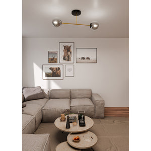 Plafoniera Moderna Magnium 2 Luci In Acciao Oro E Sfere In Vetro Fumè