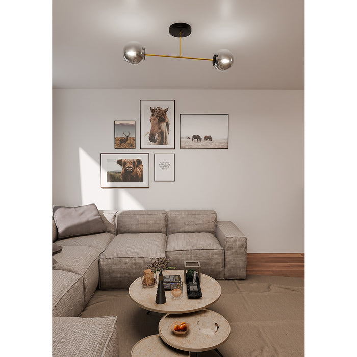 Plafoniera Moderna Magnium 2 Luci In Acciao Oro E Sfere In Vetro Fumè