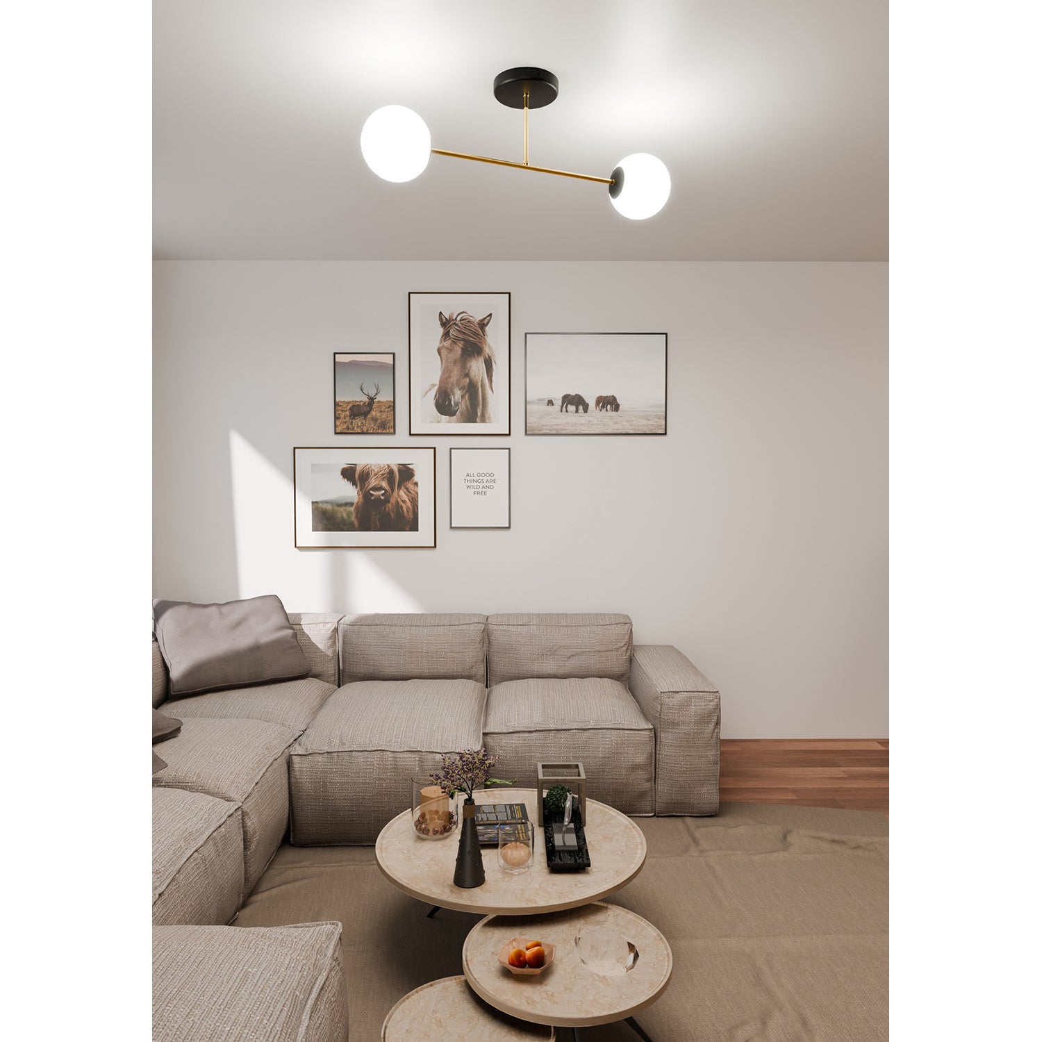 Plafoniera Moderna Magnium 2 Luci In Acciao Nero Oro E Sfere In Vetro Bianco