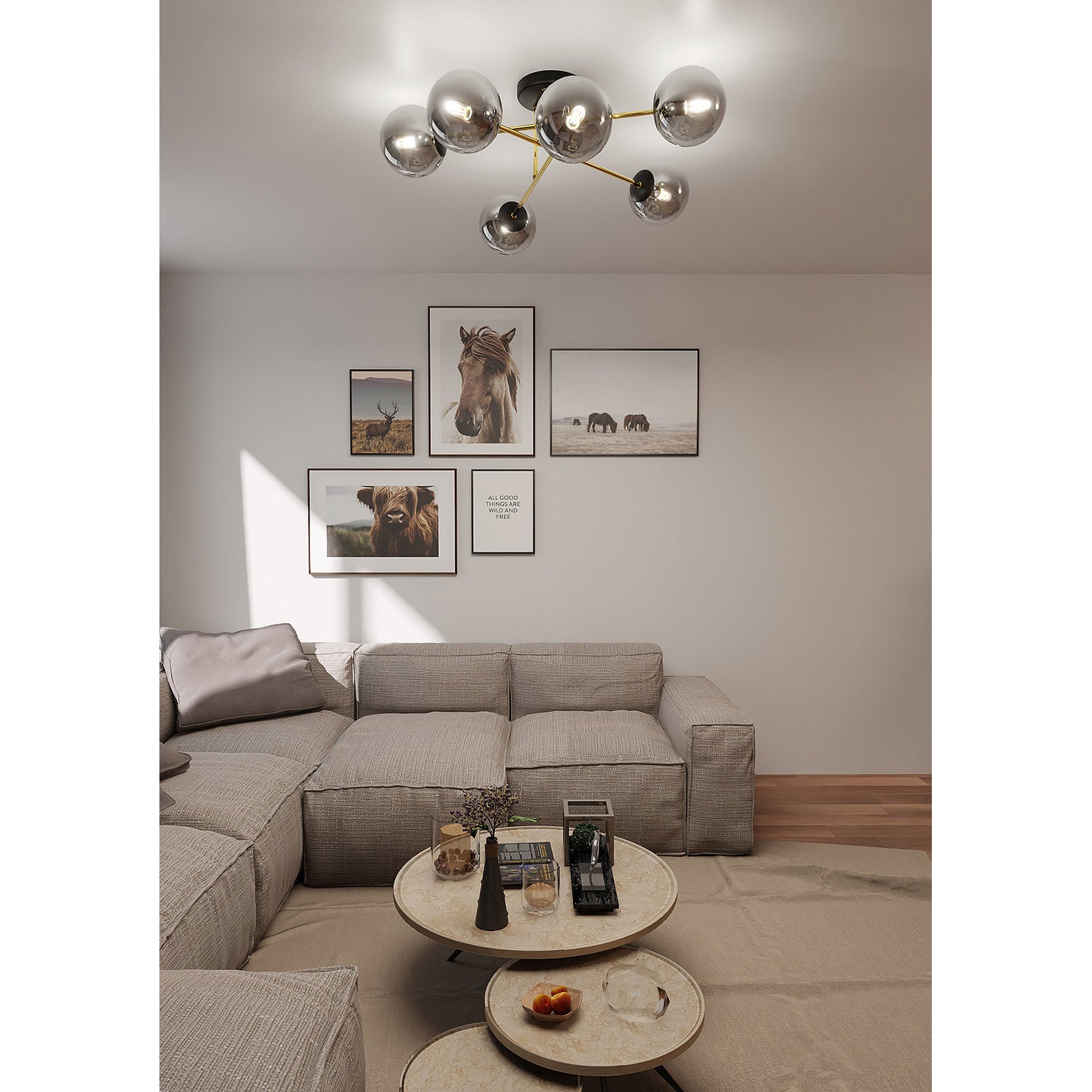 Plafoniera Moderna Magnium 6 Luci In Acciao Oro E Sfere In Vetro Fumè