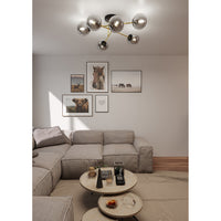 Plafoniera Moderna Magnium 6 Luci In Acciao Oro E Sfere In Vetro Fumè