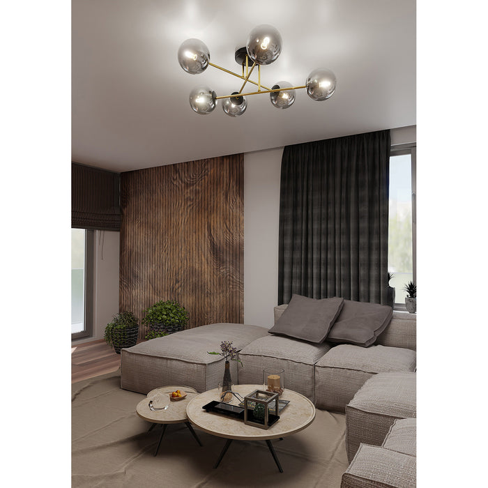 Plafoniera Moderna Magnium 6 Luci In Acciao Oro E Sfere In Vetro Fumè