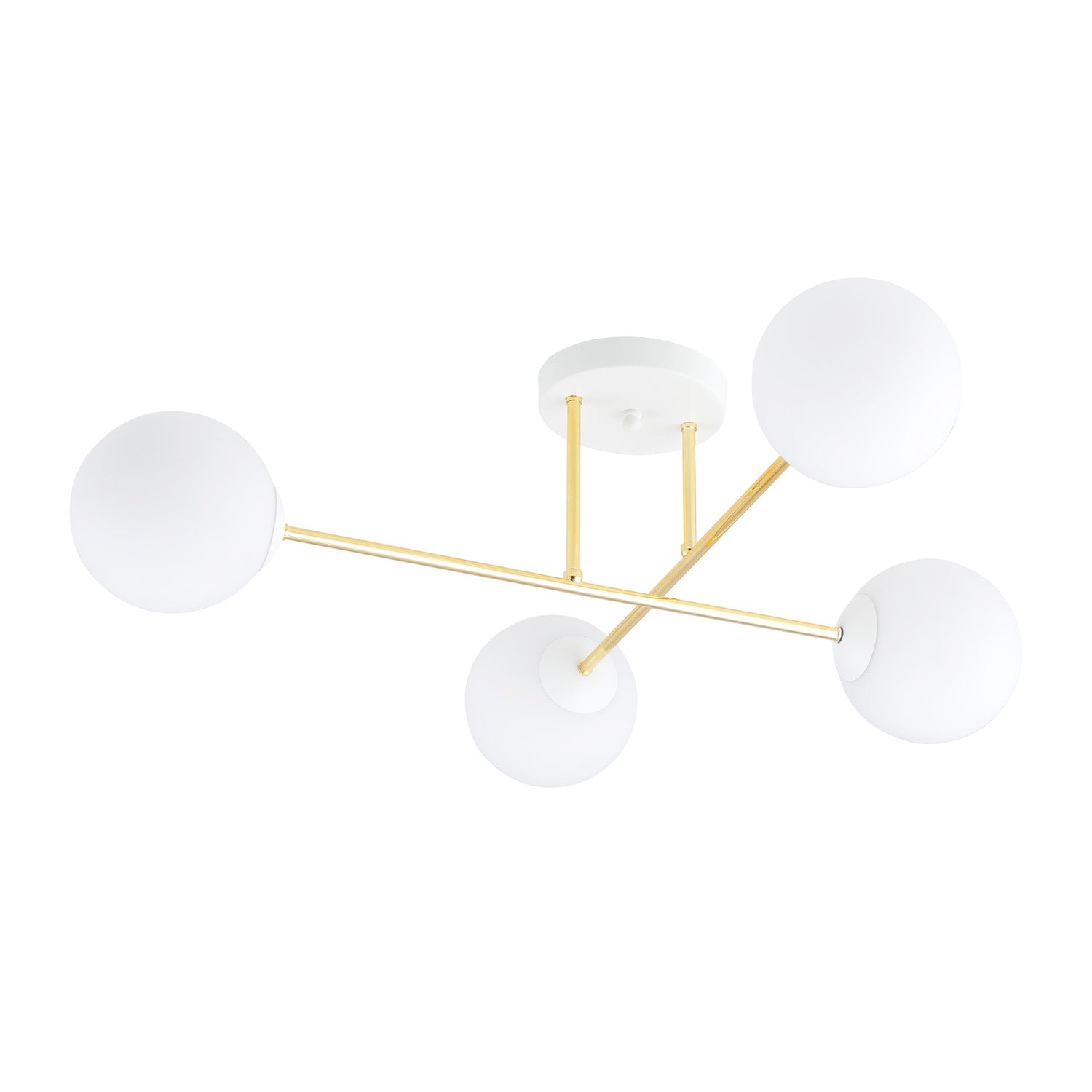 Plafoniera Moderna Magnium 4 Luci In Acciao Oro E Sfere In Vetro Bianco