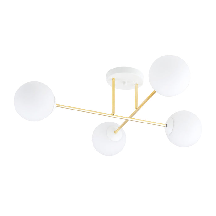 Plafoniera Moderna Magnium 4 Luci In Acciao Oro E Sfere In Vetro Bianco