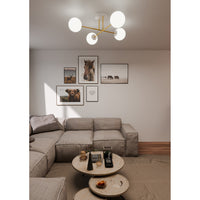 Plafoniera Moderna Magnium 4 Luci In Acciao Oro E Sfere In Vetro Bianco