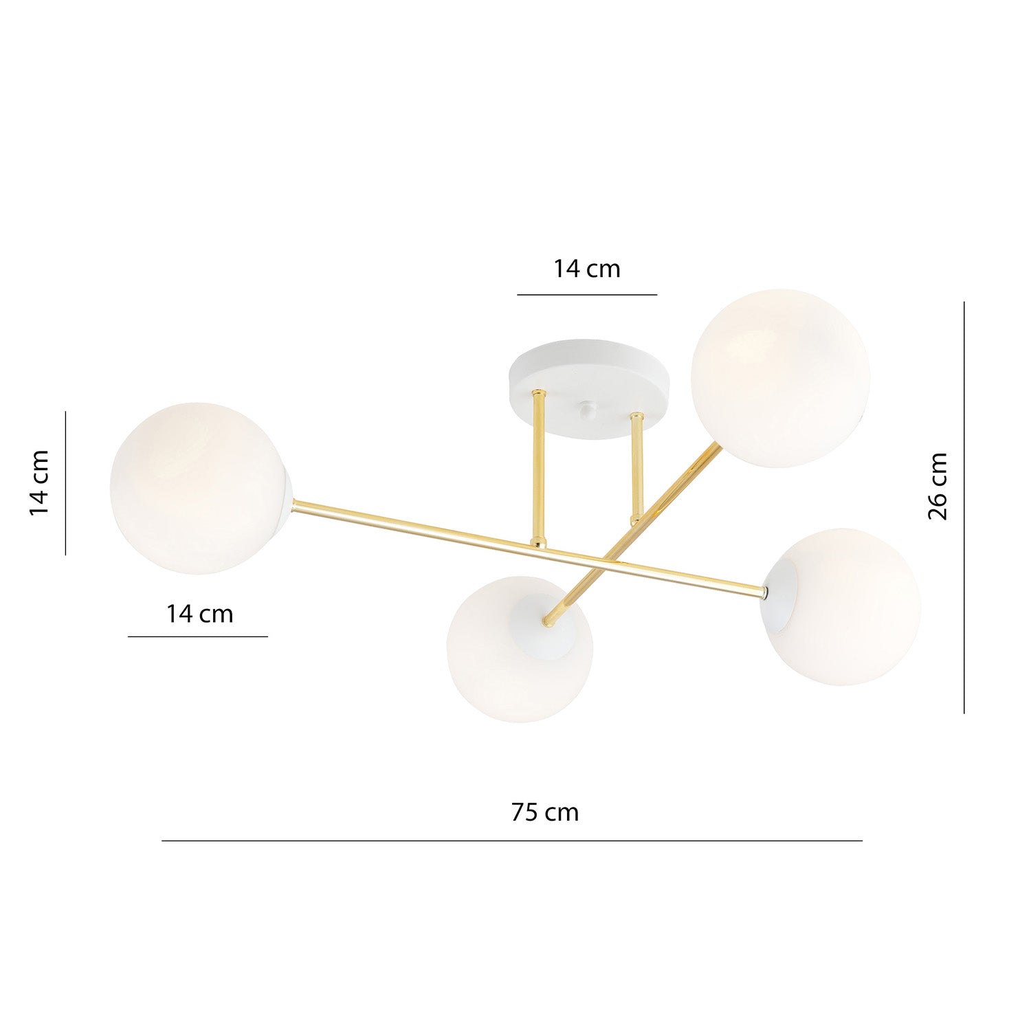 Plafoniera Moderna Magnium 4 Luci In Acciao Oro E Sfere In Vetro Bianco