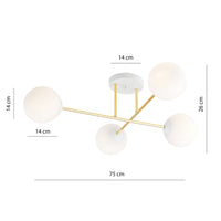 Plafoniera Moderna Magnium 4 Luci In Acciao Oro E Sfere In Vetro Bianco